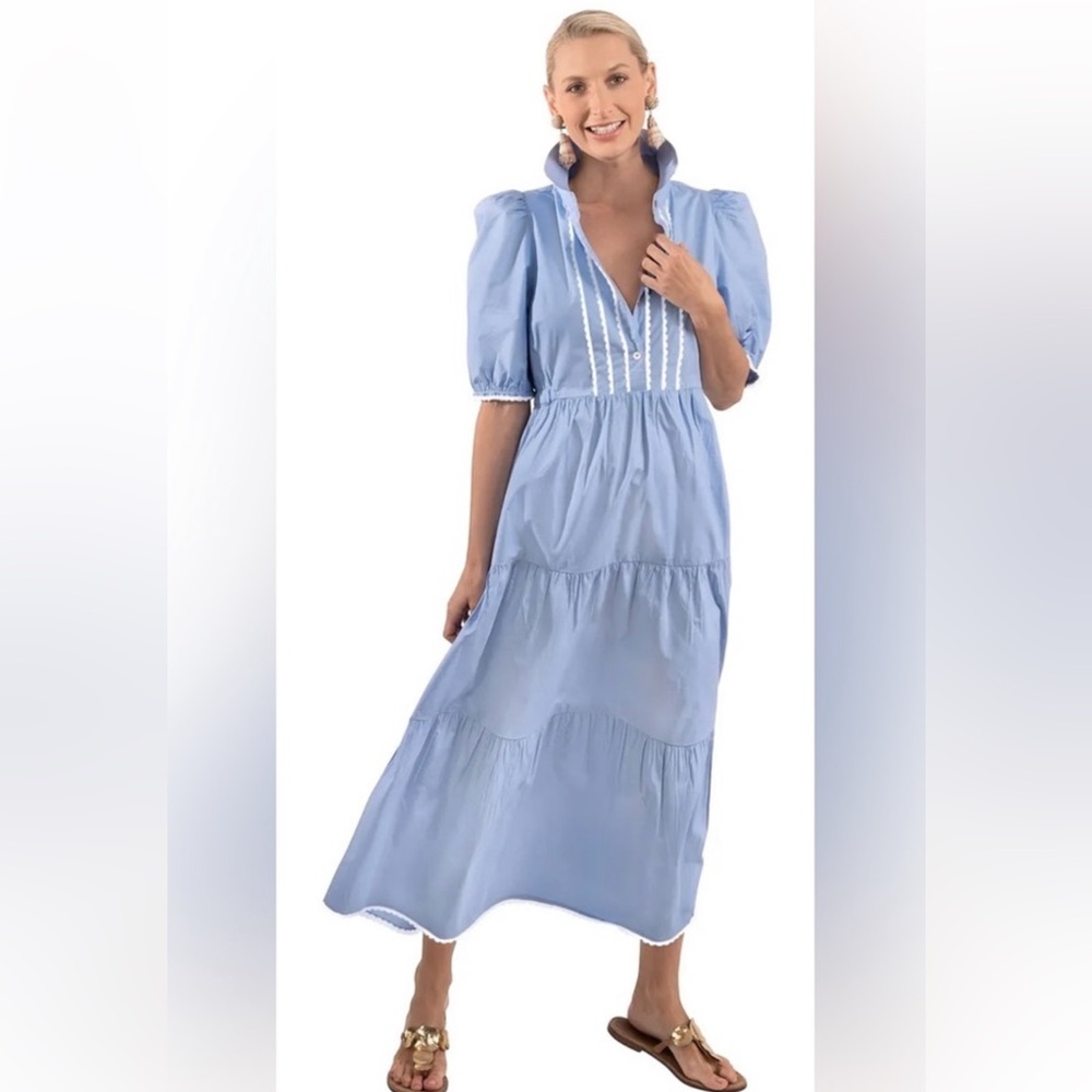 Light Blue Tiered Midi Dress with Lace Trim